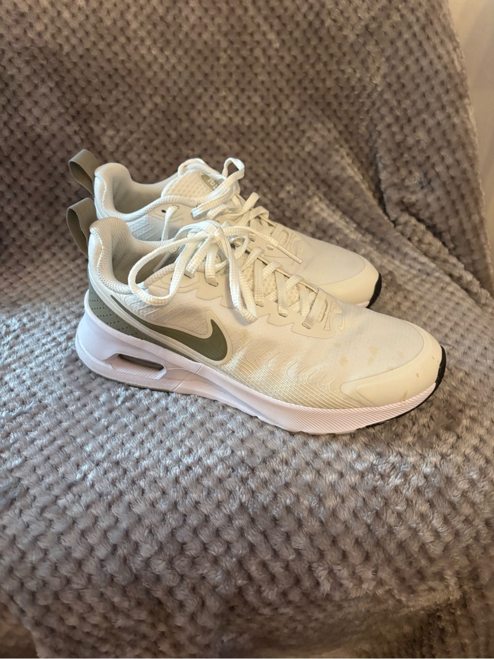 Nike White Trainers with Olive Swoosh and Olive Heel Tab